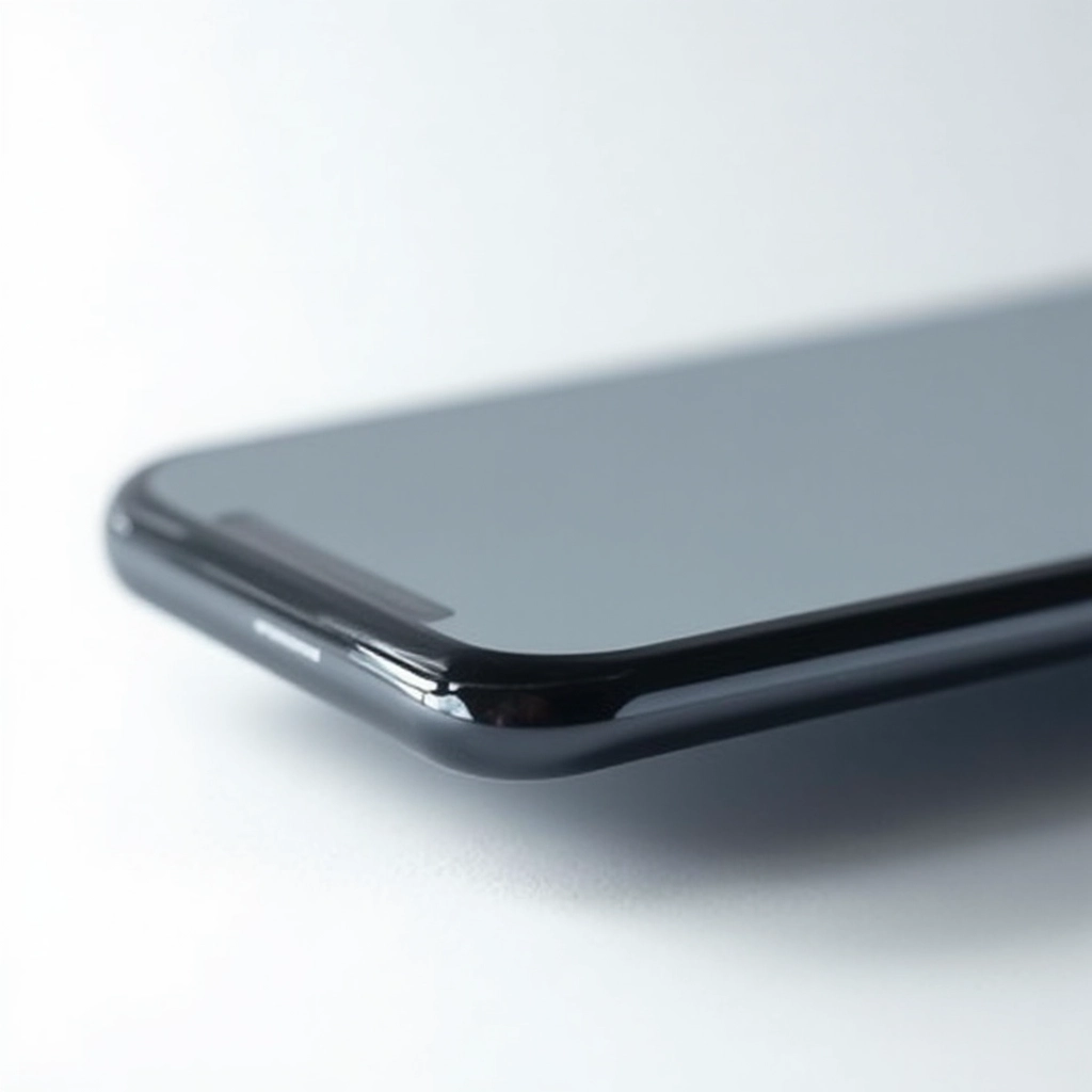 Close-up detail of tempered glass screen protector showing beveled edge and anti-fingerprint coating in professional studio lighting