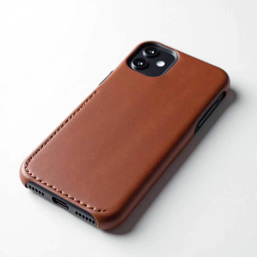 Cognac brown leather iPhone case displayed flat on white background, showing rich patina and craftsmanship details with studio lighting