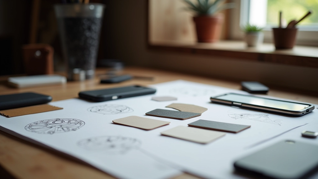 Design process workspace with phone case materials and prototypes