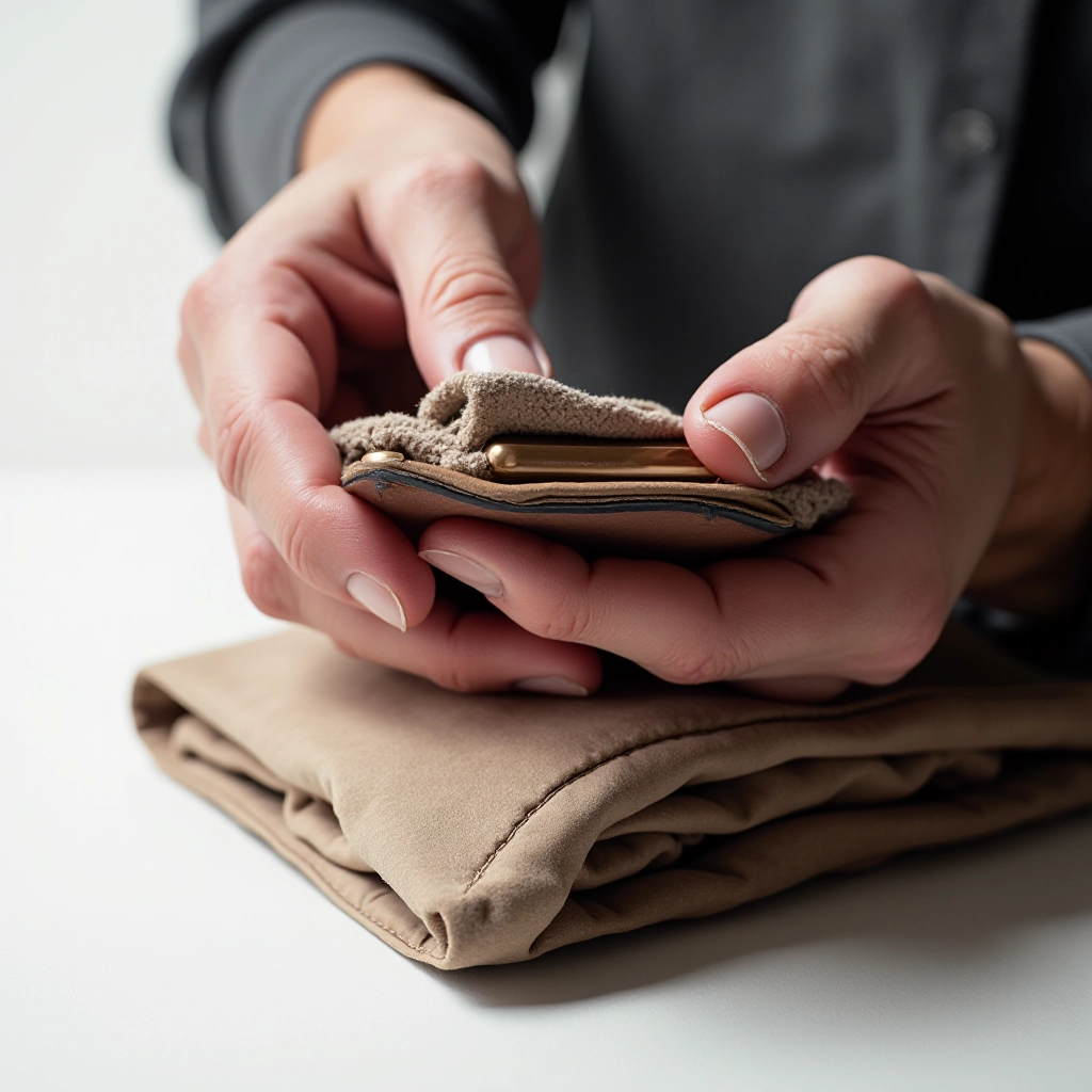 Person's hands carefully cleaning leather iPhone case with soft cloth and natural conditioning product, demonstrating proper care technique