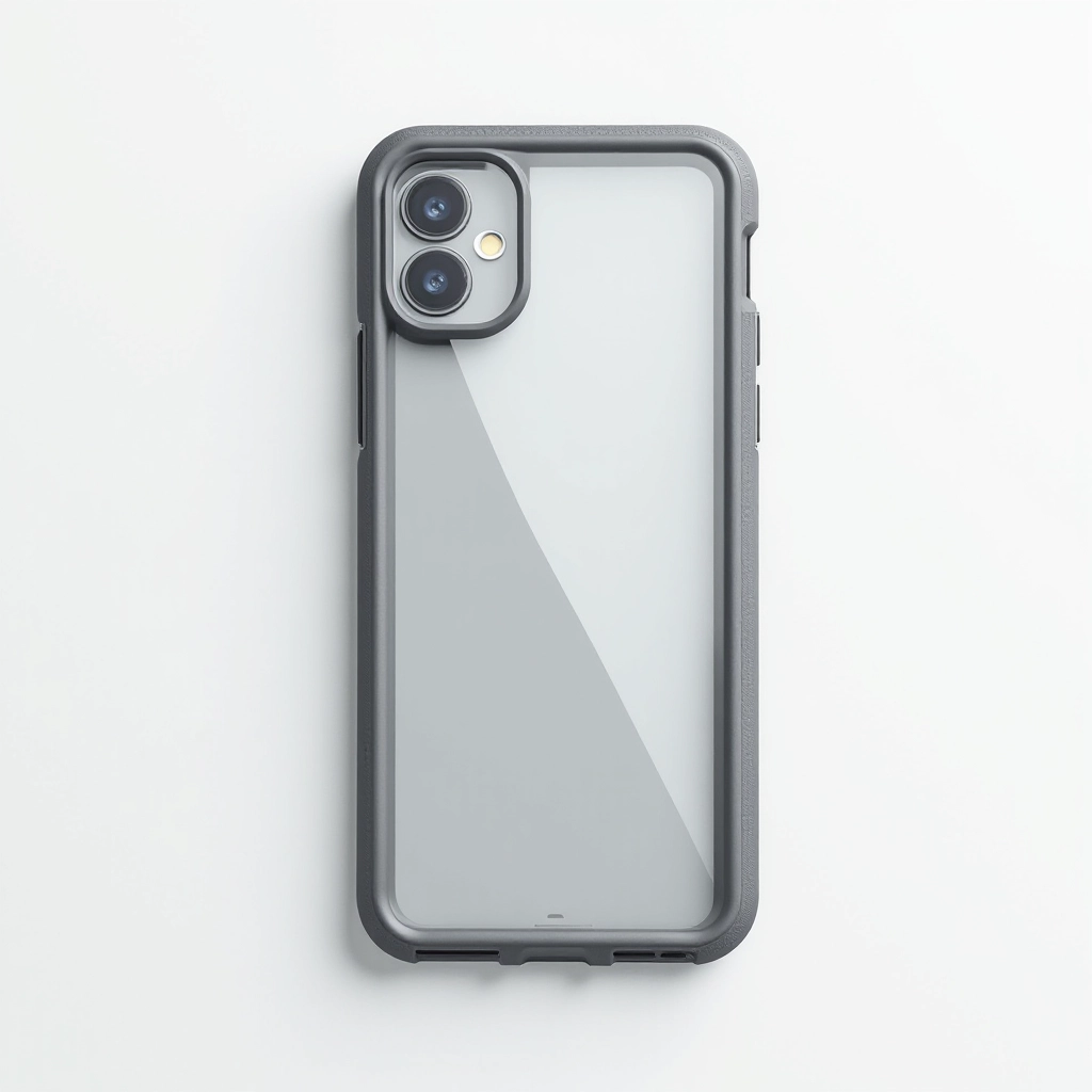 Hybrid clear case with smoke-tinted frame displayed empty on white background, showing transparent back and textured frame detail with studio lighting