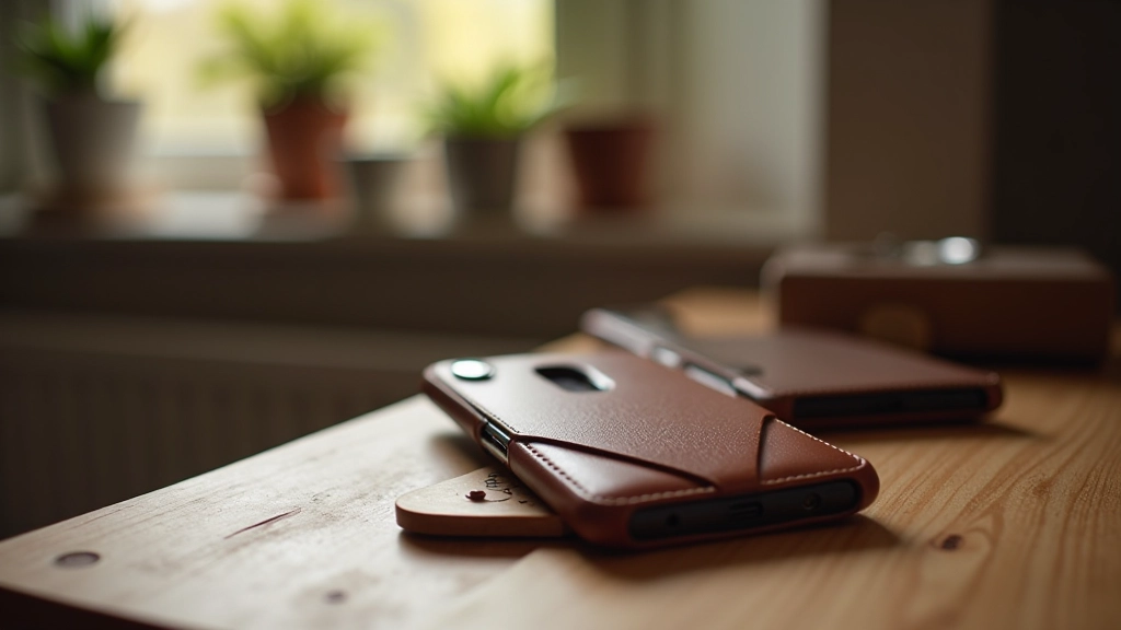 Premium smartphone case displayed on wooden surface with soft natural lighting, showing craftsmanship details and texture