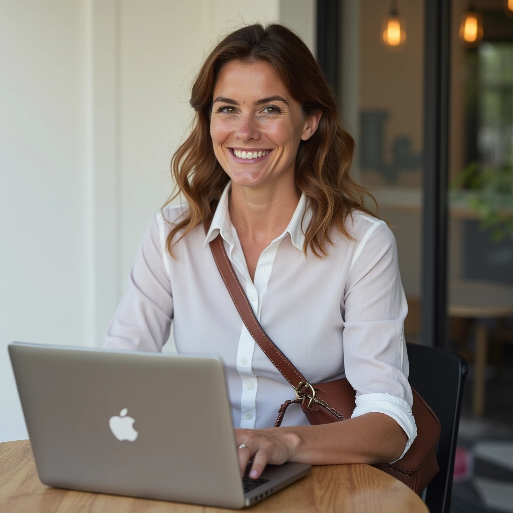 Woman wearing cognac leather shoulder bag as crossbody carry while working at outdoor cafe table